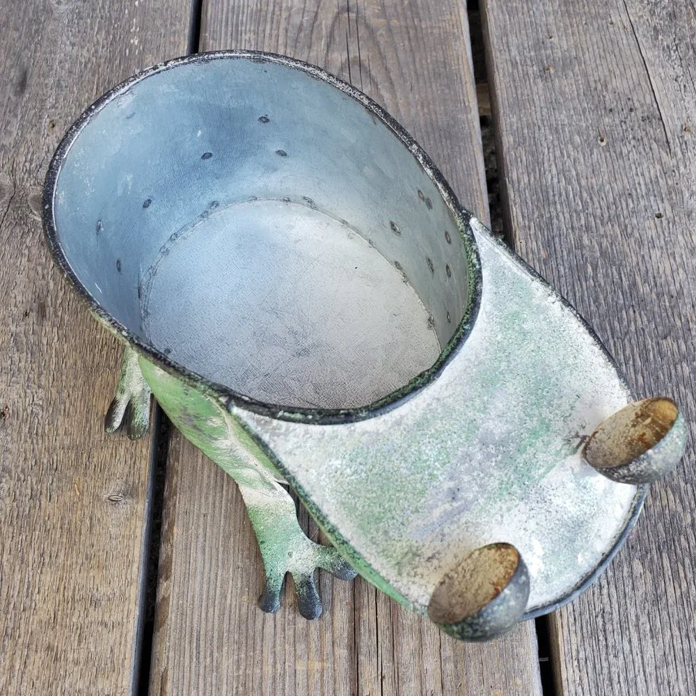 Distressed Green Metal Frog Bath Storage / Planter, Home Decor